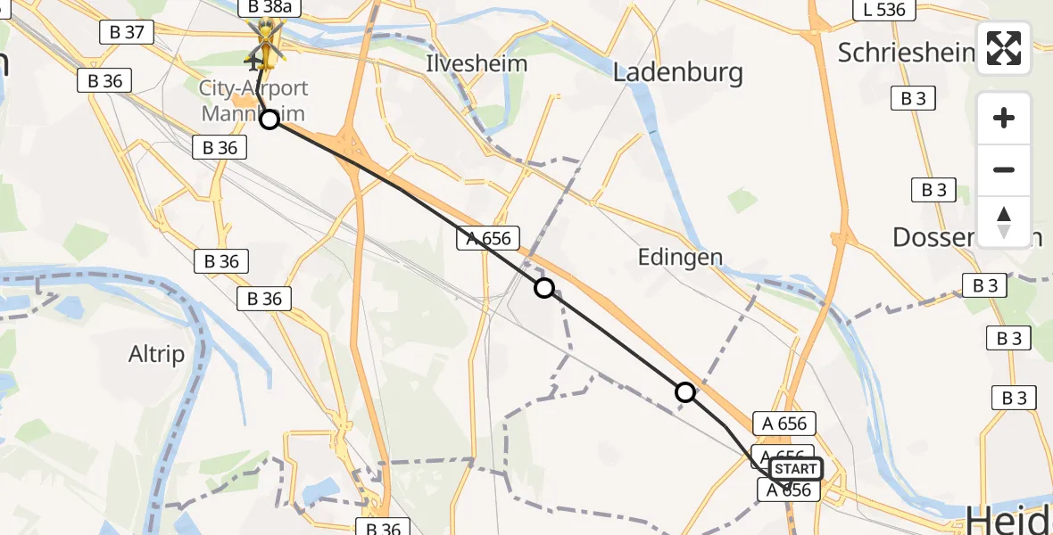 Flugroute Rettungshubschrauber Heidelberg - Mannheim-City Flughafen, 17 April 2026, 18:44