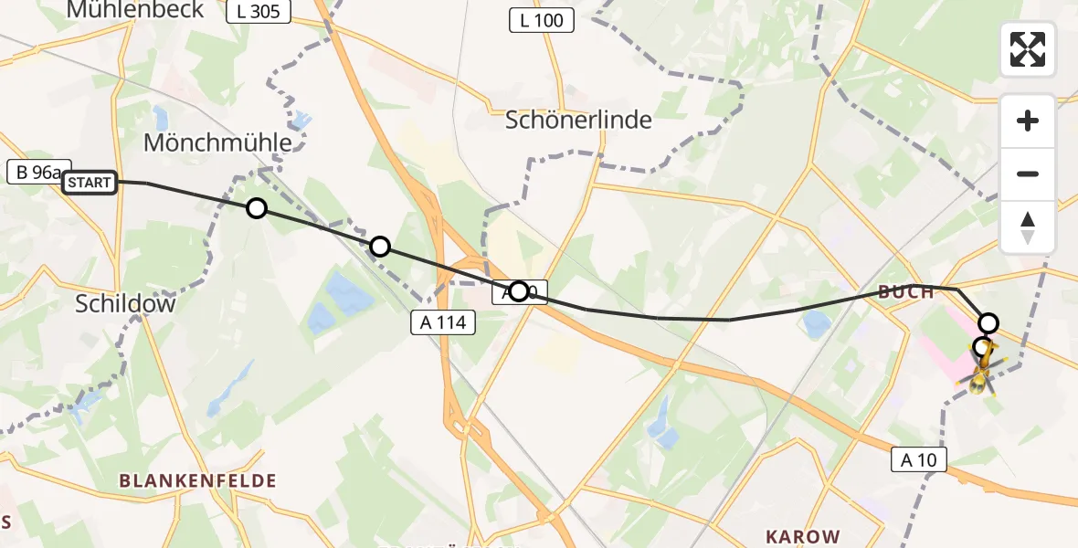 Flugroute Rettungshubschrauber Mühlenbecker Land - Helios Clinic Berlin-Buch, 17 April 2026, 19:03