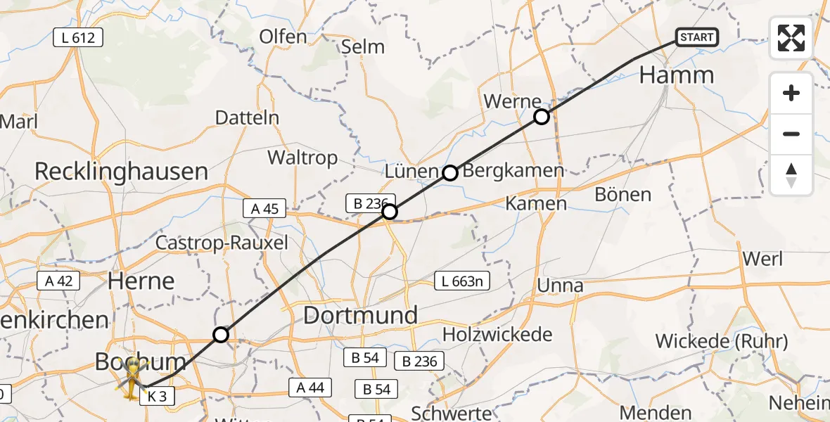 Flugroute Ambulanzhubschrauber Hamm - Bochum, 17 April 2026, 19:22