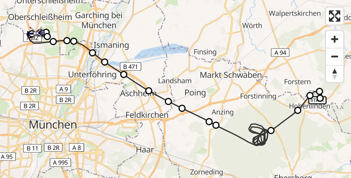 Flugroute Polizeihubschrauber Hohenlinden - Oberschleißheim, 17 April 2026, 19:30