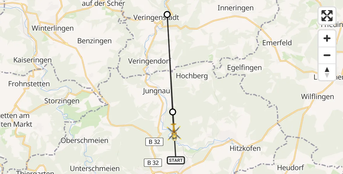 Flugroute Rettungshubschrauber Sigmaringen - Sigmaringen, 17 April 2026, 20:02