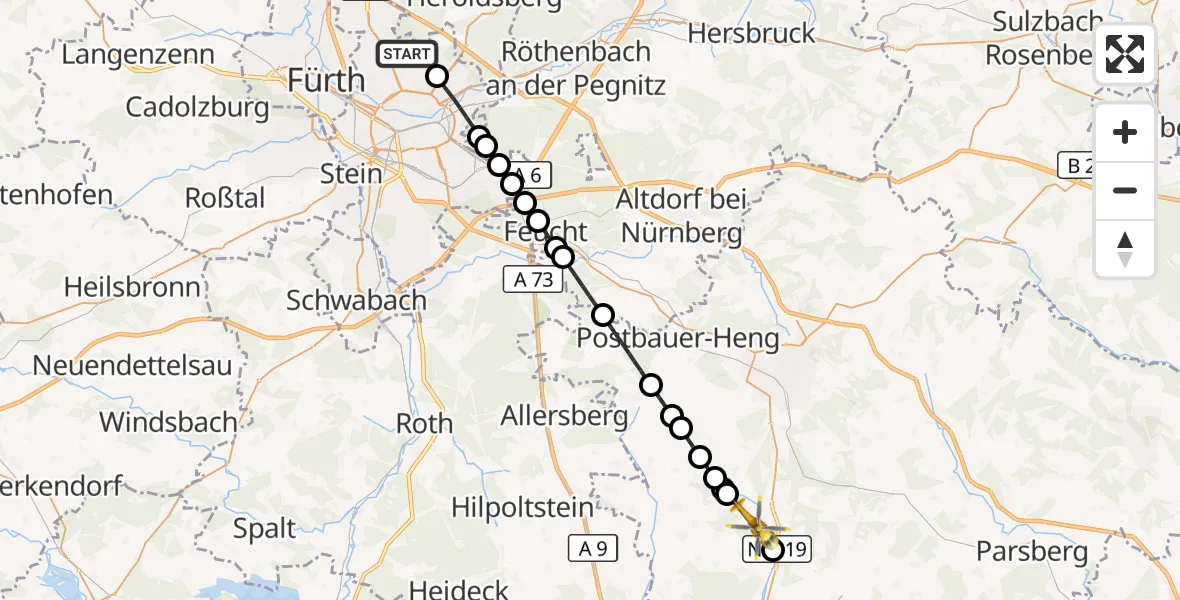Flugroute Ambulanzhubschrauber Flughafen Nuremberg - Mühlhausen, 17 April 2026, 20:39