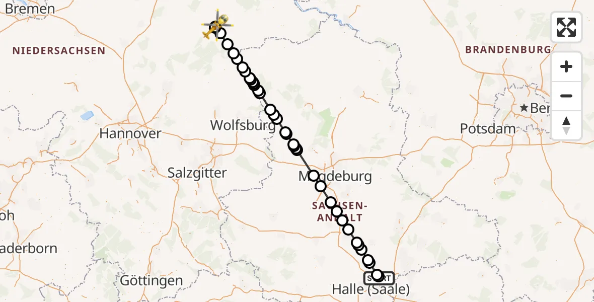 Flugroute Ambulanzhubschrauber Halle-Oppin Flugplatz - ADAC Air Rescue Station Uelzen Hubschrauberlandeplatz (Christoph 19), 17 April 2026, 21:37