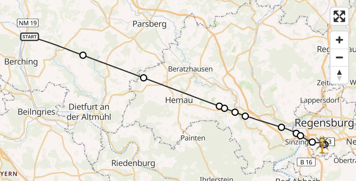 Flugroute Ambulanzhubschrauber Berching - DRF Air Rescue Station Regensburg / Regensburg University Hospital, 17 April 2026, 21:44