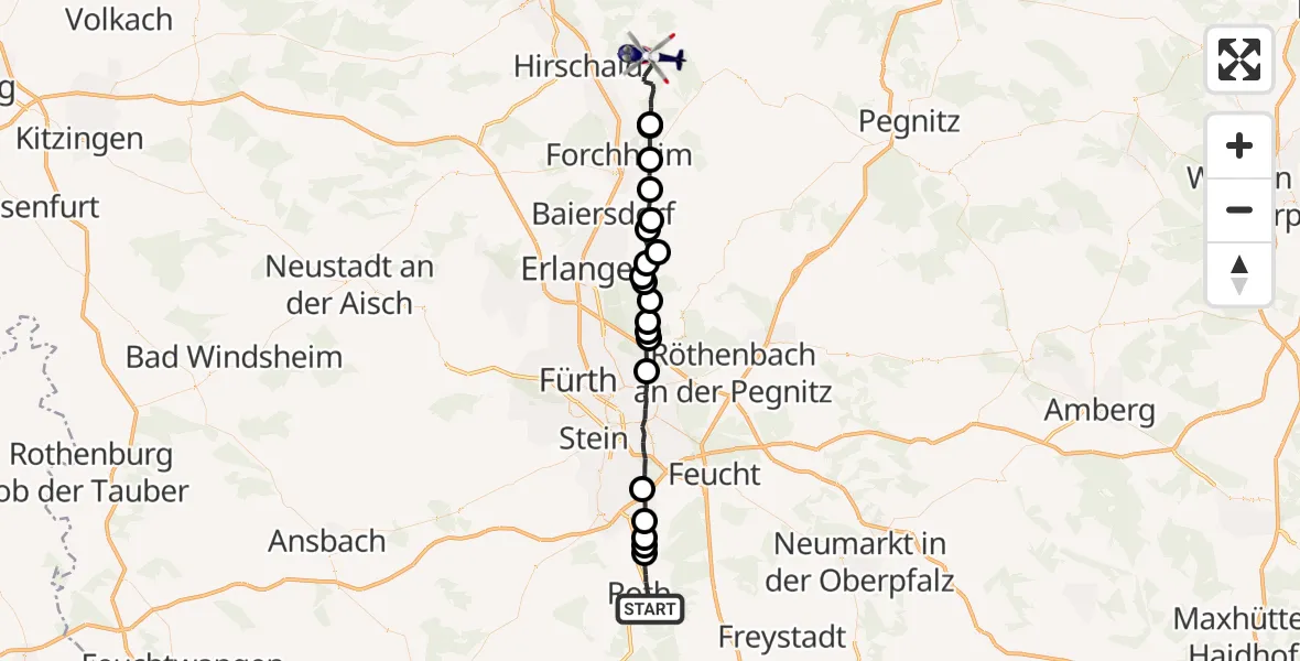 Flugroute Polizeihubschrauber Roth - Eggolsheim, 17 April 2026, 22:01