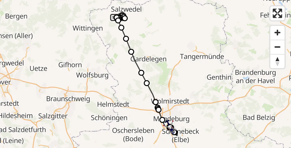 Flugroute Polizeihubschrauber Salzwedel - Magdeburg, 17 April 2026, 22:06