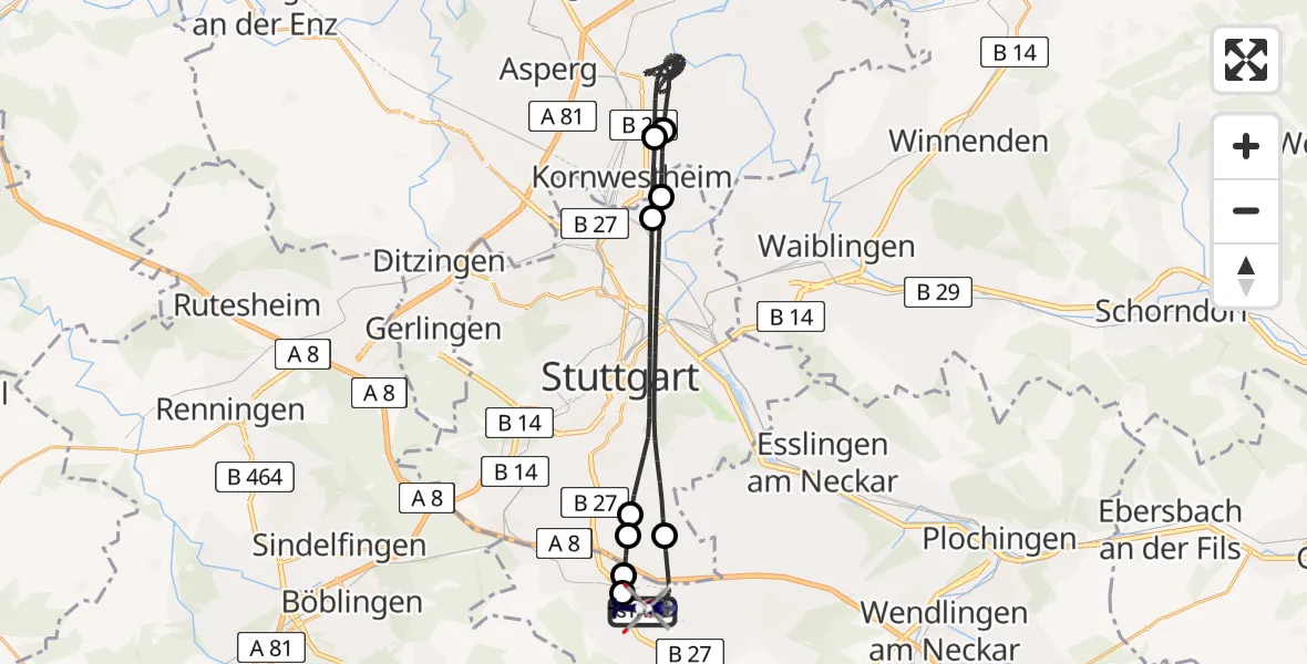 Flugroute Polizeihubschrauber Flughafen Stuttgart - Flughafen Stuttgart, 17 April 2026, 22:22