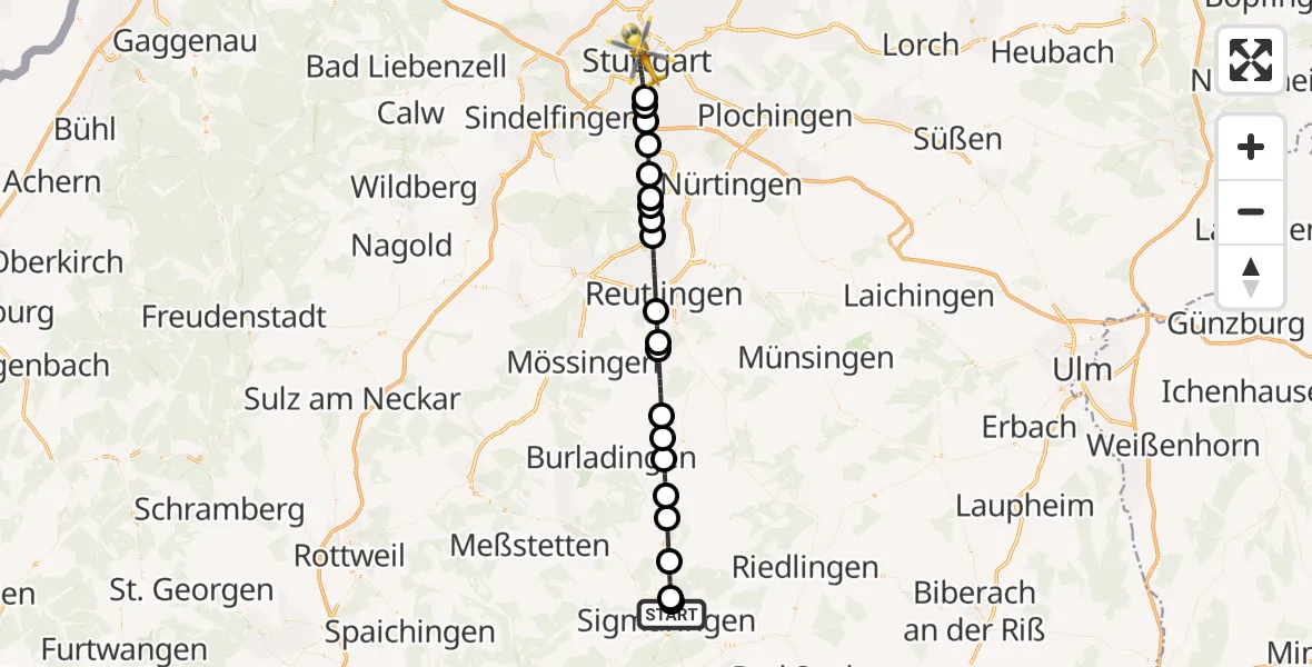 Flugroute Rettungshubschrauber Sigmaringen - Stuttgart, 17 April 2026, 22:25