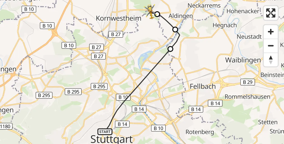 Flugroute Rettungshubschrauber Stuttgart - Pattonville Flugplatz, 17 April 2026, 23:01