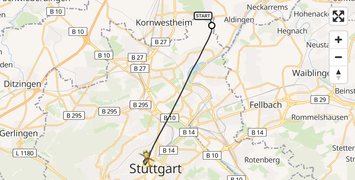 Flugroute Rettungshubschrauber Pattonville Flugplatz - Stuttgart, 17 April 2026, 23:42