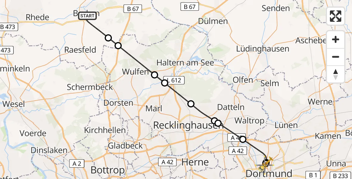 Flugroute Ambulanzhubschrauber Borken - Dortmund Hospital North, 18 April 2026, 01:38