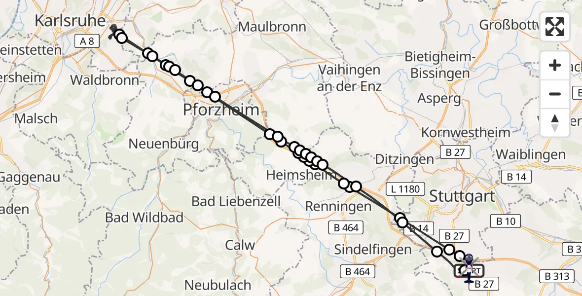 Flugroute Polizeihubschrauber Flughafen Stuttgart - Flughafen Stuttgart, 18 April 2026, 02:10