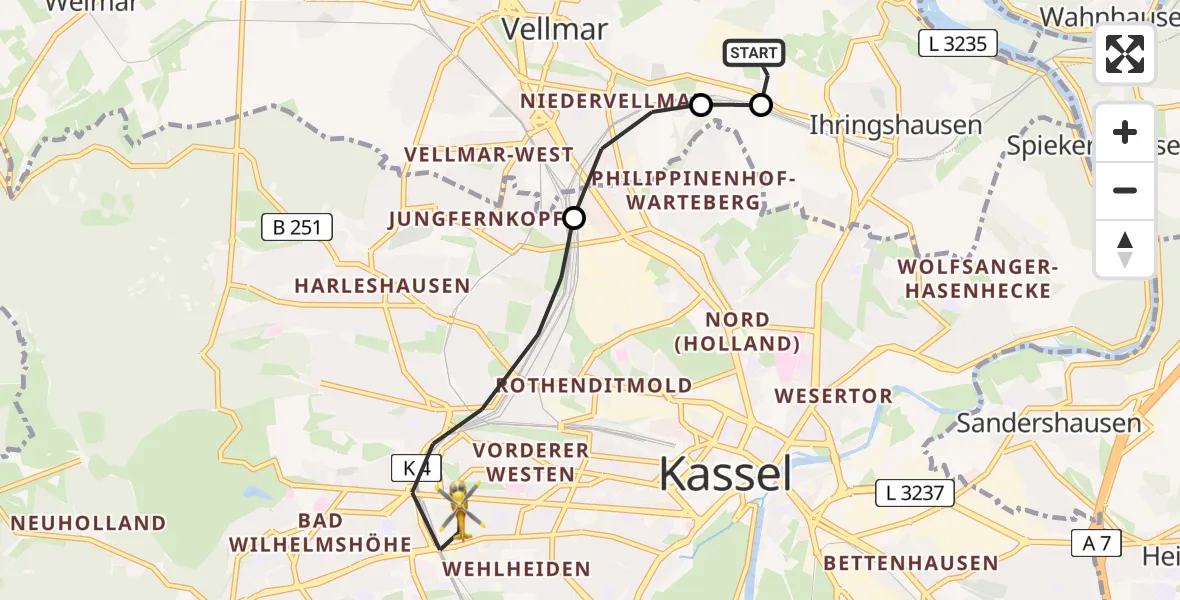Flugroute Rettungshubschrauber Fuldatal Bundespolizei Hubschrauberlandeplatz - Kassel, 18 April 2026, 05:03