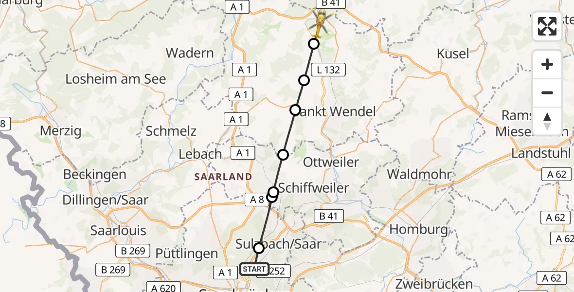 Flugroute Rettungshubschrauber Saarbrücken - Nohfelden, 18 April 2026, 05:33