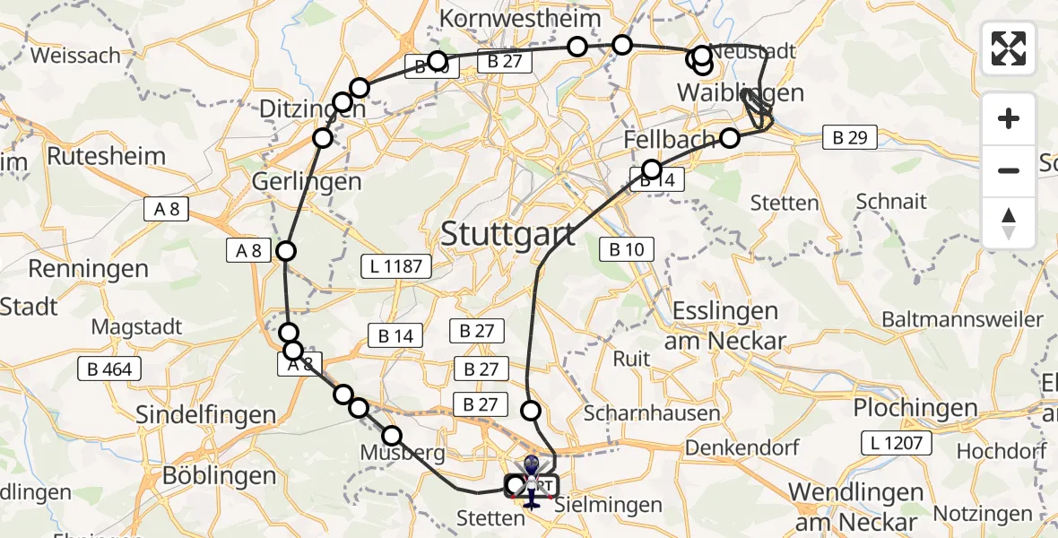 Flugroute Polizeihubschrauber Flughafen Stuttgart - Flughafen Stuttgart, 18 April 2026, 05:39