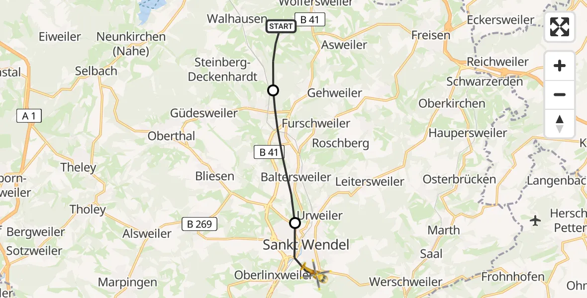Flugroute Rettungshubschrauber Nohfelden - Marienhaus Hospital Sankt Wendel-Ottweiler Hubschrauberlandeplatz, 18 April 2026, 06:11