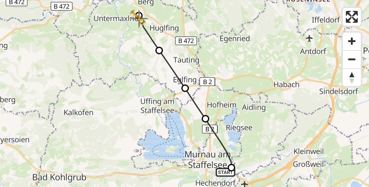 Flugroute Rettungshubschrauber Murnau Accident Hospital - Oberhausen, 18 April 2026, 06:14