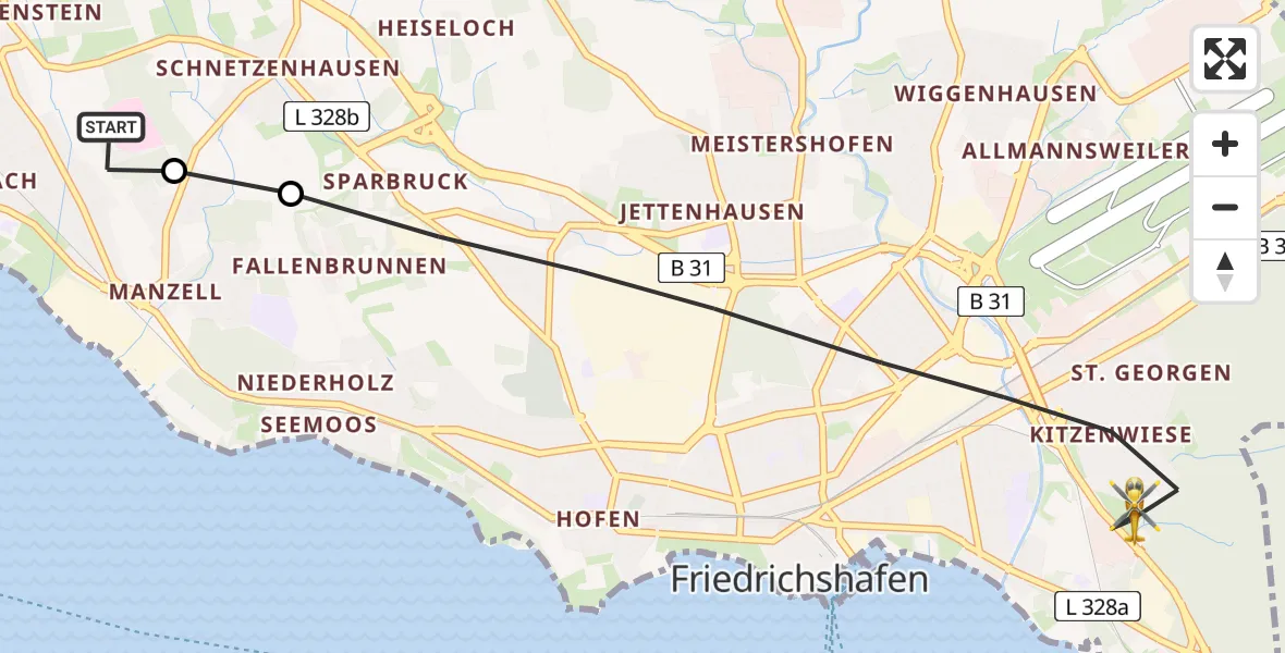 Flugroute Rettungshubschrauber Friedrichshafen Hospital - Friedrichshafen, 18 April 2026, 06:20