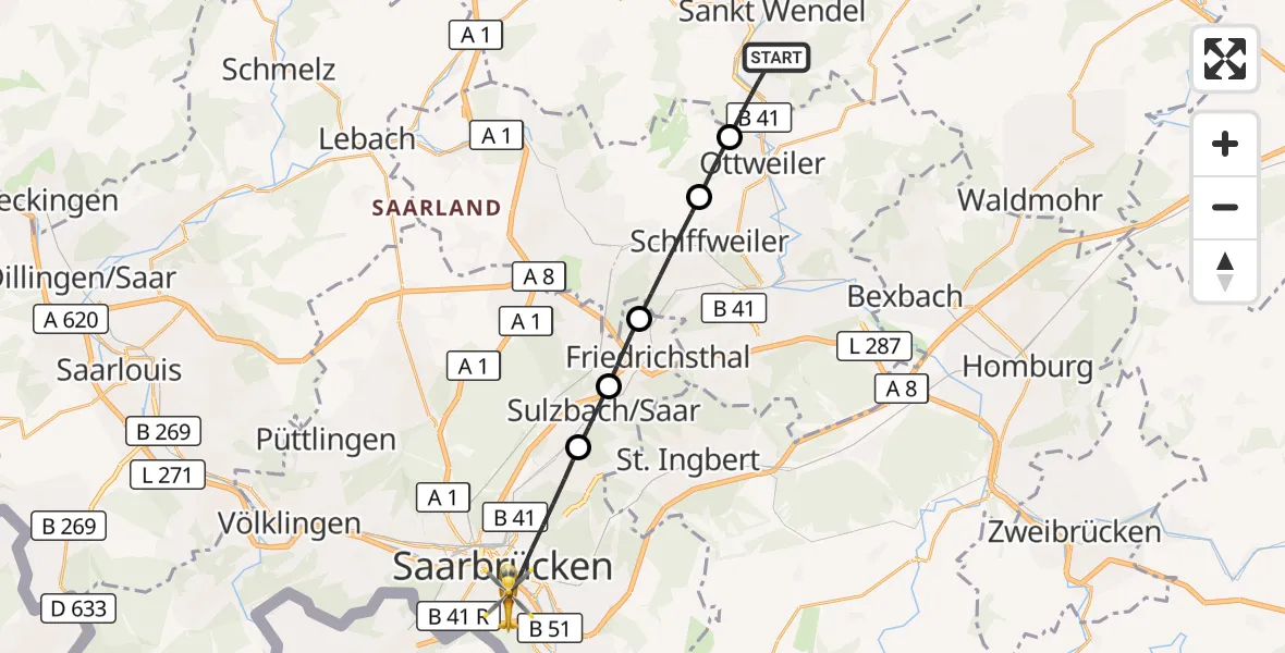 Flugroute Rettungshubschrauber St. Wendel - Saarbrücken, 18 April 2026, 06:29
