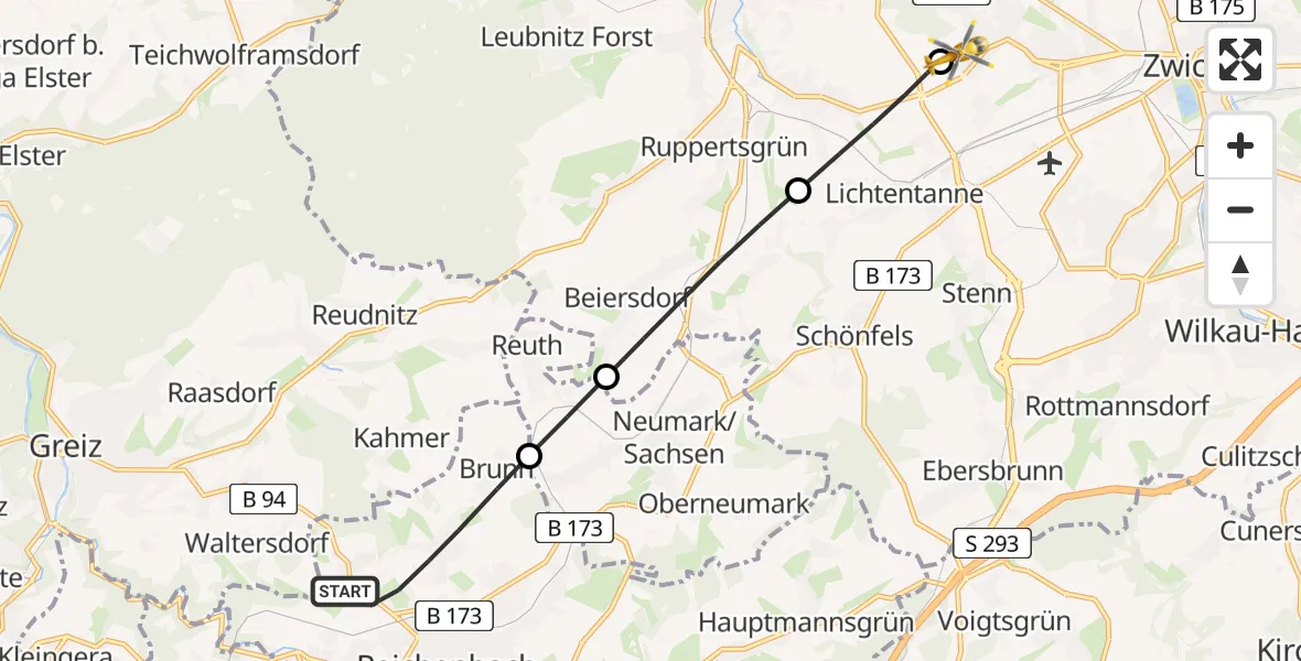 Flugroute Rettungshubschrauber Reichenbach im Vogtland - ADAC Air Rescue Station Zwickau Hubschrauberlandeplatz, 18 April 2026, 06:44