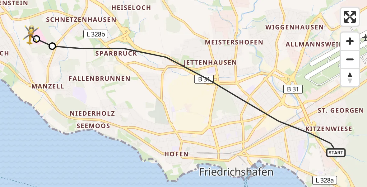 Flugroute Rettungshubschrauber Friedrichshafen - Friedrichshafen Hospital, 18 April 2026, 07:05