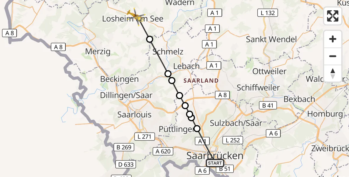 Flugroute Rettungshubschrauber Saarbrücken - Losheim am See, 18 April 2026, 07:06