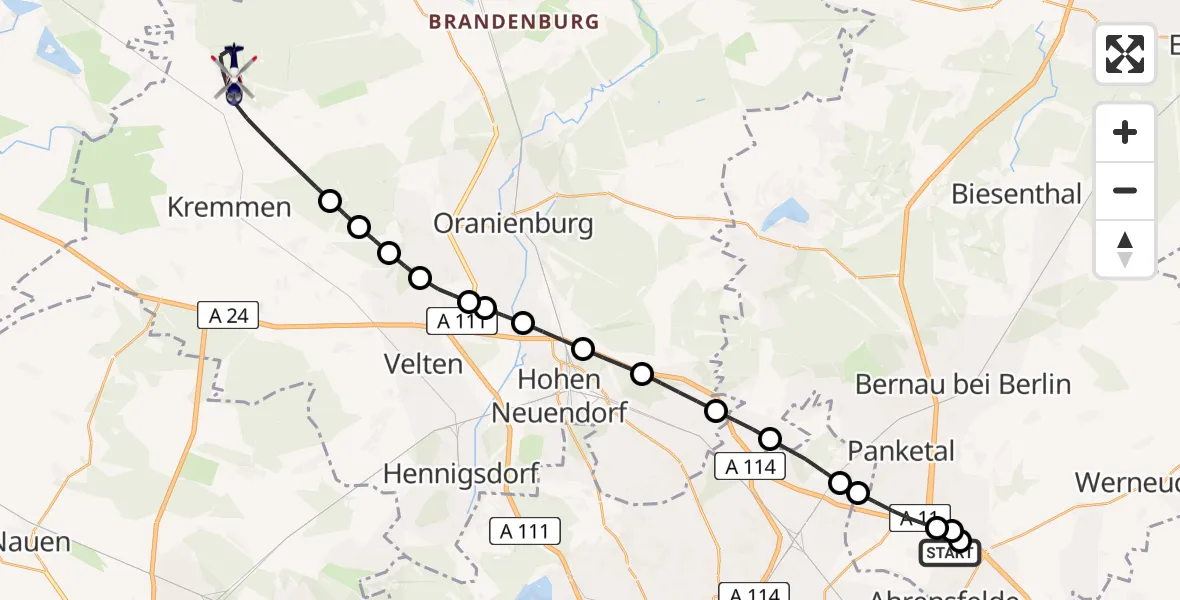 Flugroute Polizeihubschrauber Ahrensfelde Hubschrauberlandeplatz - Kremmen, 18 April 2026, 07:07