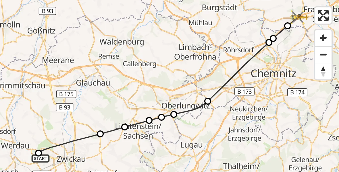 Flugroute Rettungshubschrauber ADAC Air Rescue Station Zwickau Hubschrauberlandeplatz - Lichtenau, 18 April 2026, 07:13