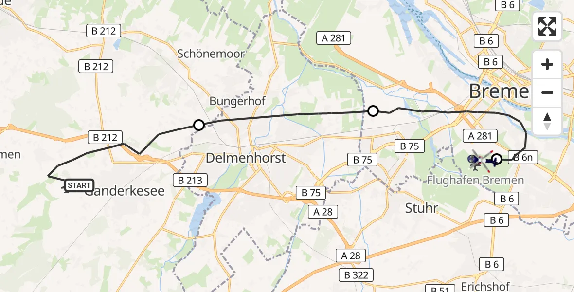 Flugroute Polizeihubschrauber Ganderkesee - Flughafen Bremen, 18 April 2026, 07:14