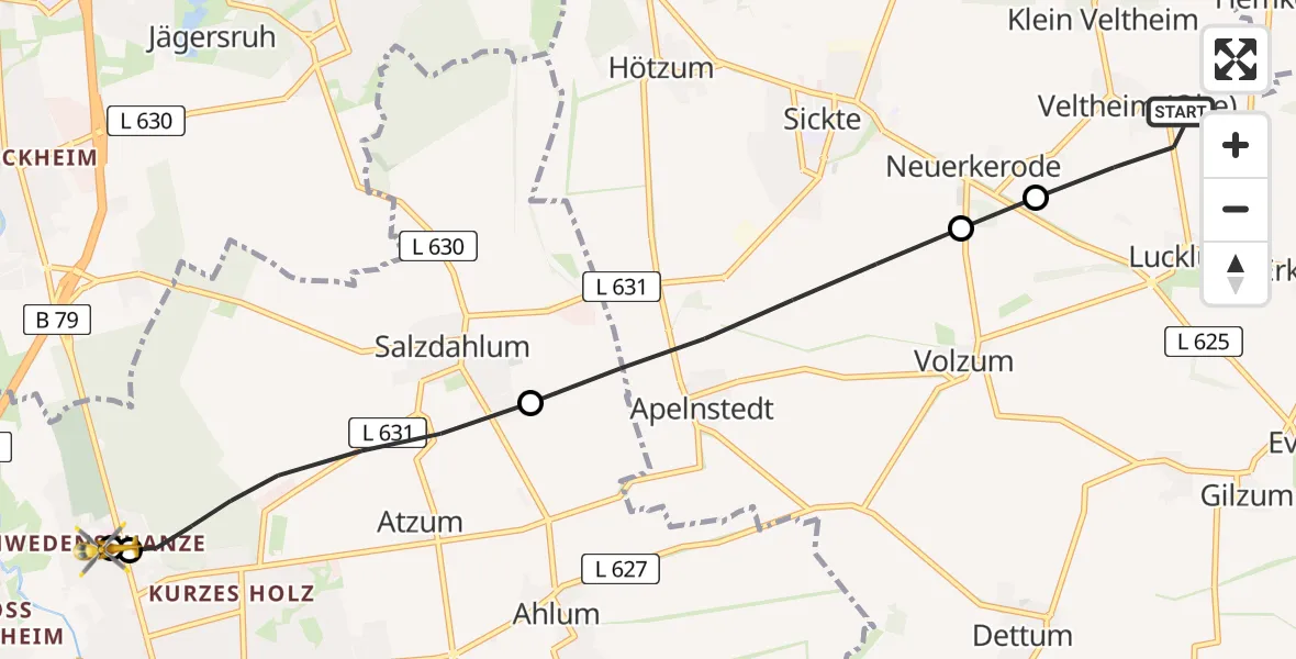 Flugroute Rettungshubschrauber Veltheim (Ohe) - Wolfenbüttel Municipal Hospital Heliport (Christoph 30), 18 April 2026, 07:31