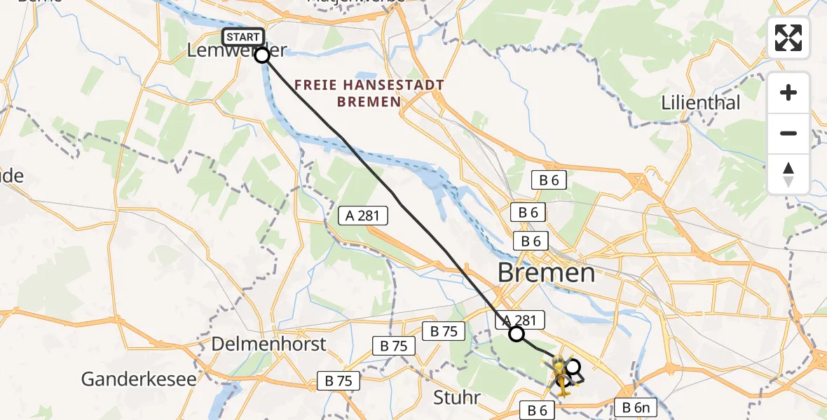 Flugroute Rettungshubschrauber Lemwerder - ADAC Air Rescue Station Bremen Hubschrauberlandeplatz (Christoph 6), 18 April 2026, 07:36