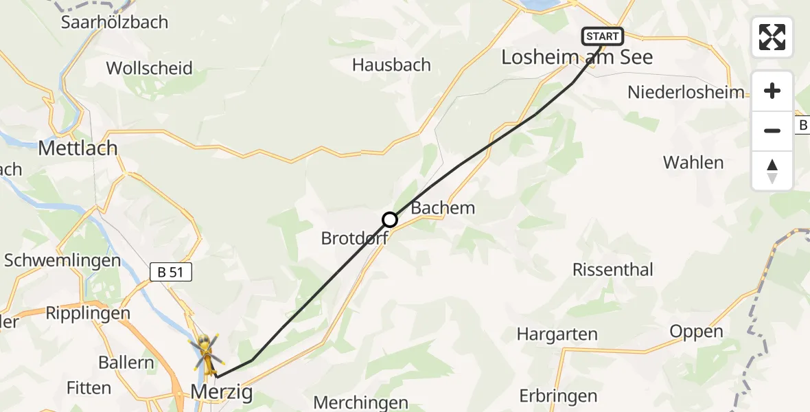 Flugroute Rettungshubschrauber Losheim am See - Merzig, 18 April 2026, 07:41