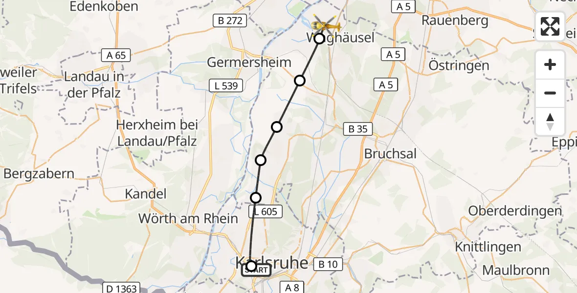 Flugroute Rettungshubschrauber Sankt Vincentius Hospital - Oberhausen-Rheinhausen, 18 April 2026, 07:43