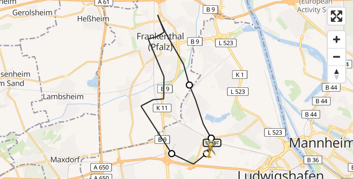 Flugroute Rettungshubschrauber Ludwigshafen Accident Hospital - Ludwigshafen Accident Hospital, 18 April 2026, 07:43