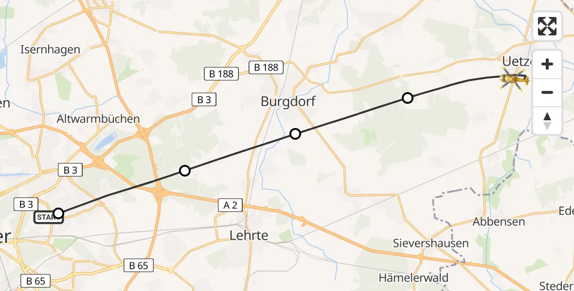 Flugroute Rettungshubschrauber Hannover Luftrettung Hubschrauberlandeplatz (Christoph 4) - Uetze, 18 April 2026, 07:56