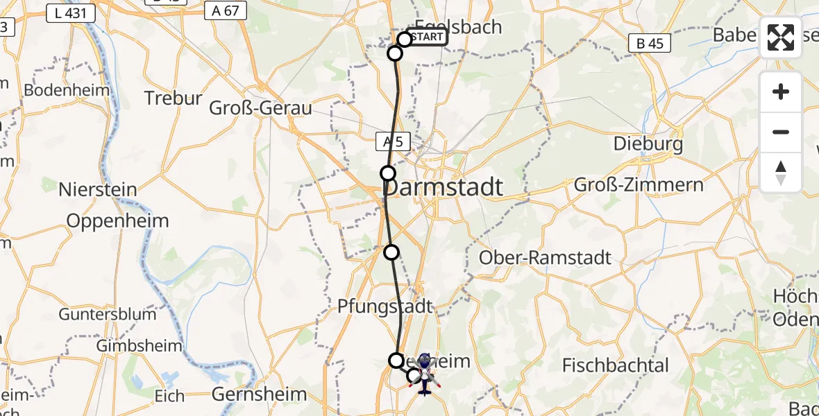 Flugroute Polizeihubschrauber Flughafen Frankfurt-Egelsbach - Seeheim-Jugenheim, 18 April 2026, 08:02