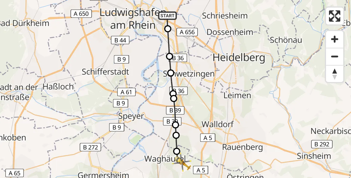 Flugroute Rettungshubschrauber Mannheim-City Flughafen - Waghäusel, 18 April 2026, 08:02