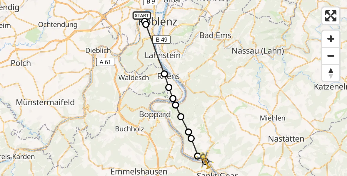 Flugroute Rettungshubschrauber Koblenz - Sankt Goarshausen, 18 April 2026, 08:02