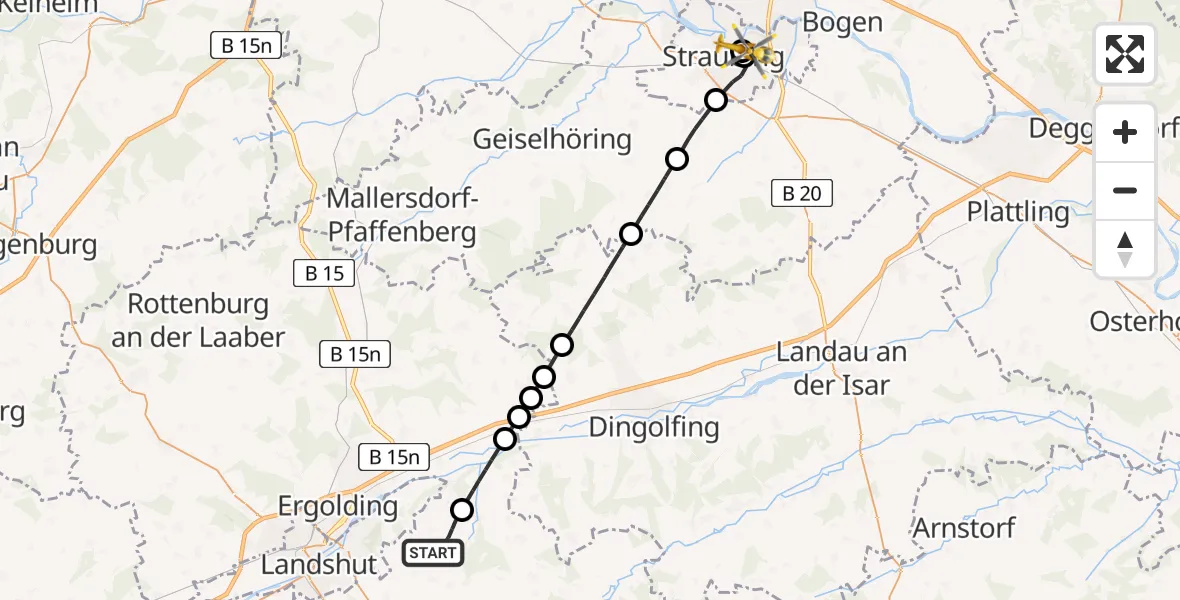 Flugroute Rettungshubschrauber Adlkofen - Sankt Elisabeth Hospital Straubing, 18 April 2026, 08:05