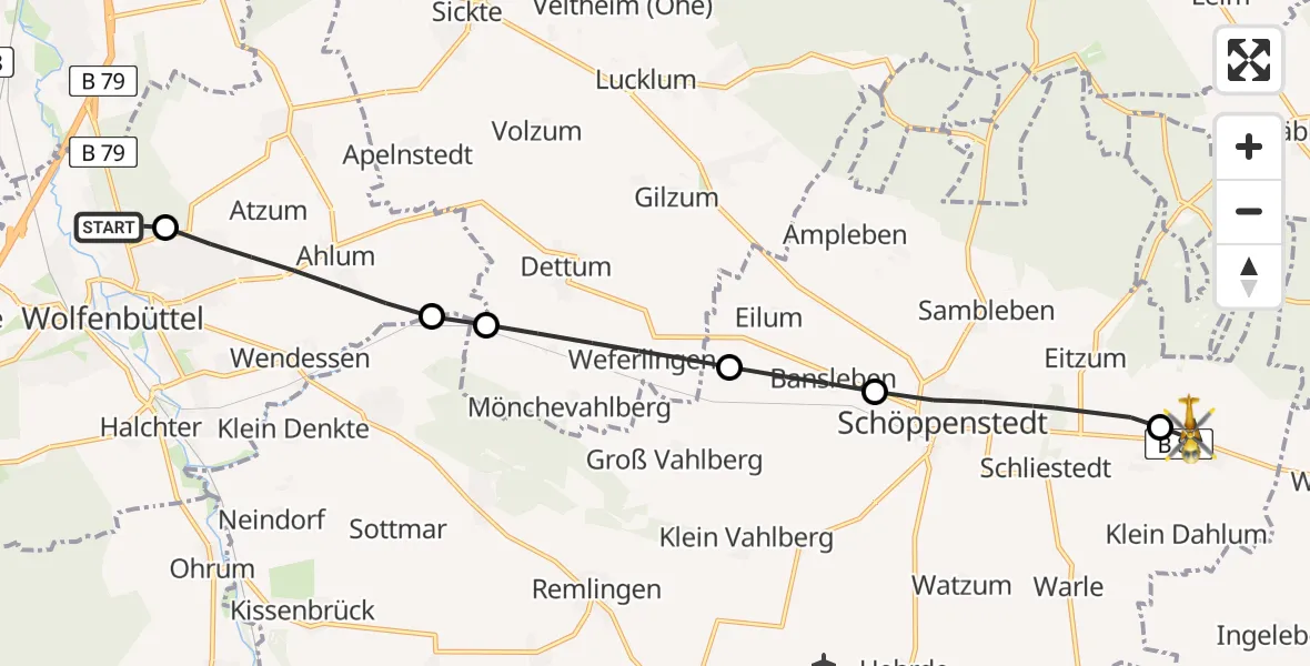 Flugroute Rettungshubschrauber Wolfenbüttel Municipal Hospital Heliport (Christoph 30) - Dahlum, 18 April 2026, 08:17