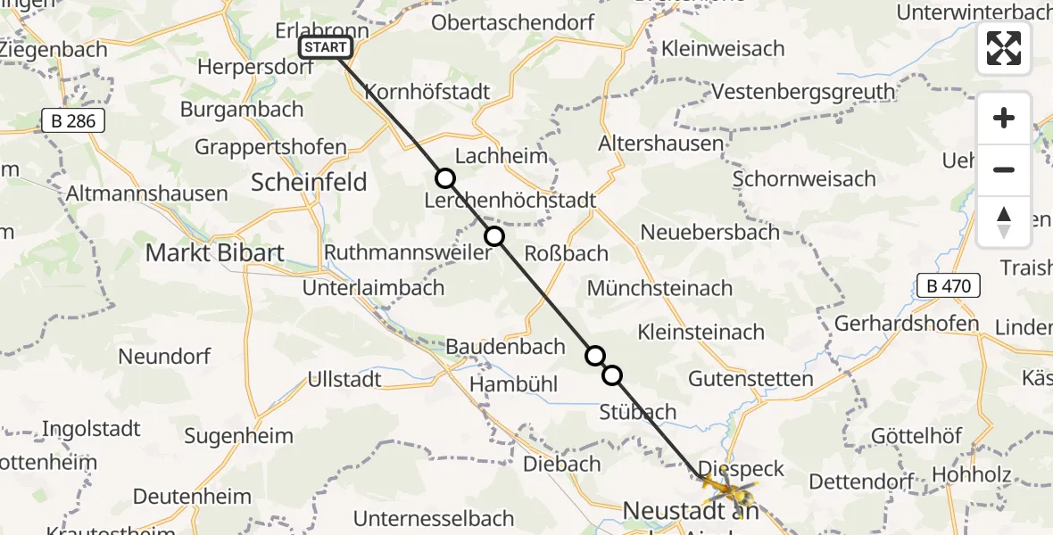 Flugroute Rettungshubschrauber Scheinfeld - Diespeck, 18 April 2026, 08:20