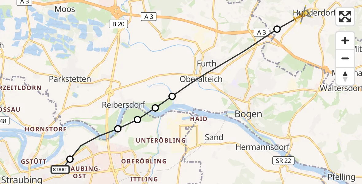 Flugroute Rettungshubschrauber Sankt Elisabeth Hospital Straubing - Hunderdorf, 18 April 2026, 08:29