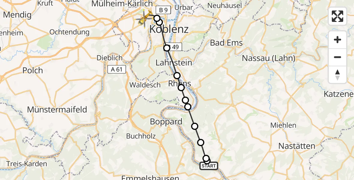 Flugroute Rettungshubschrauber Sankt Goarshausen - Koblenz, 18 April 2026, 08:40