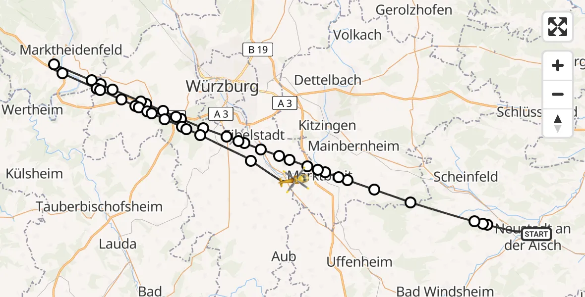 Flugroute Rettungshubschrauber Neustadt a.d.Aisch - Ochsenfurt Hospital, 18 April 2026, 08:44