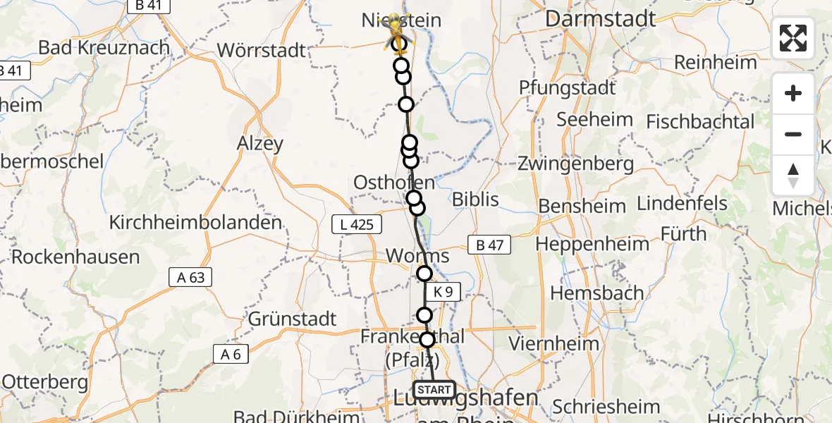 Flugroute Rettungshubschrauber Ludwigshafen am Rhein - Nierstein, 18 April 2026, 08:49