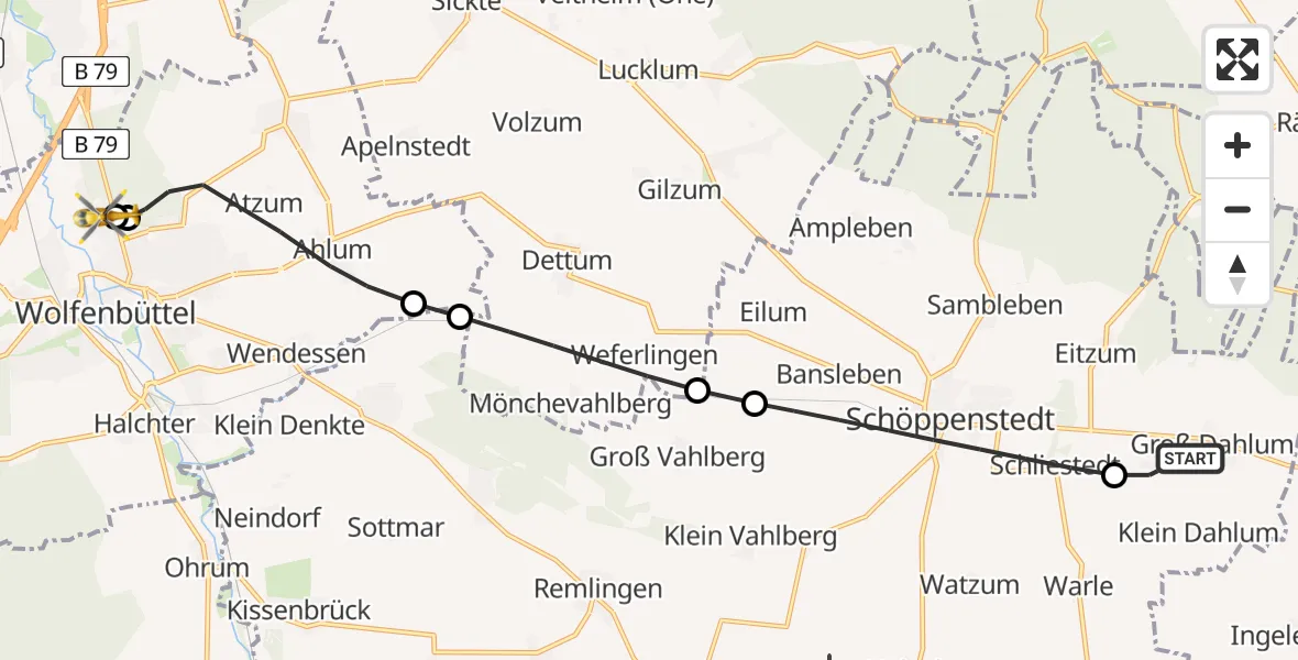 Flugroute Rettungshubschrauber Dahlum - Wolfenbüttel Municipal Hospital Heliport (Christoph 30), 18 April 2026, 08:53