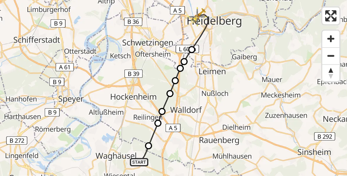 Flugroute Rettungshubschrauber Waghäusel - Heidelberg, 18 April 2026, 08:55