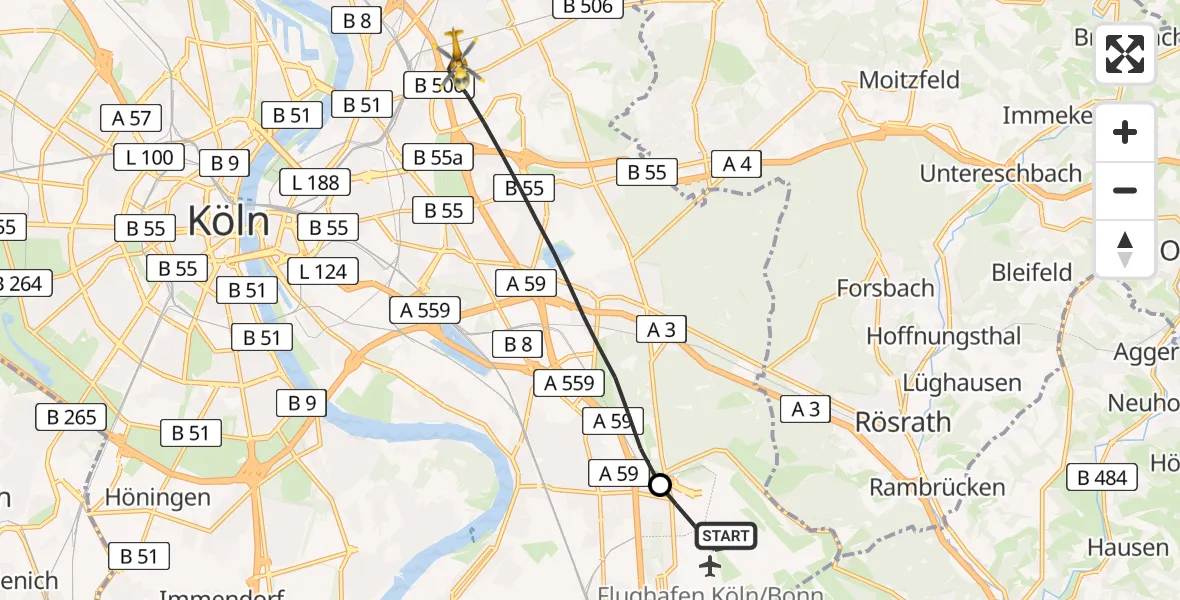 Flugroute Rettungshubschrauber Köln Bonn Flughafen - Köln, 18 April 2026, 08:56