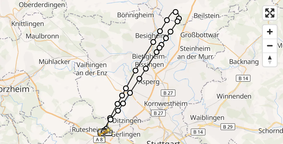Flugroute Rettungshubschrauber Leonberg Hospital - Leonberg Hospital, 18 April 2026, 09:02