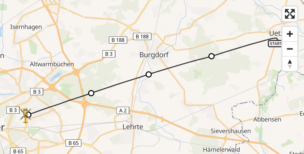 Flugroute Rettungshubschrauber Uetze - Hannover Luftrettung Hubschrauberlandeplatz (Christoph 4), 18 April 2026, 09:04